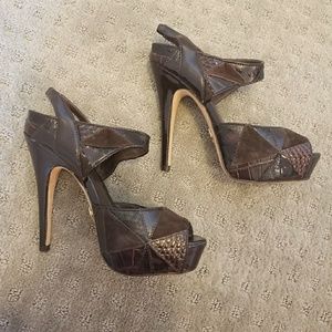 Brown Bebe Peep Toe Suede Snake Leather Heels 5